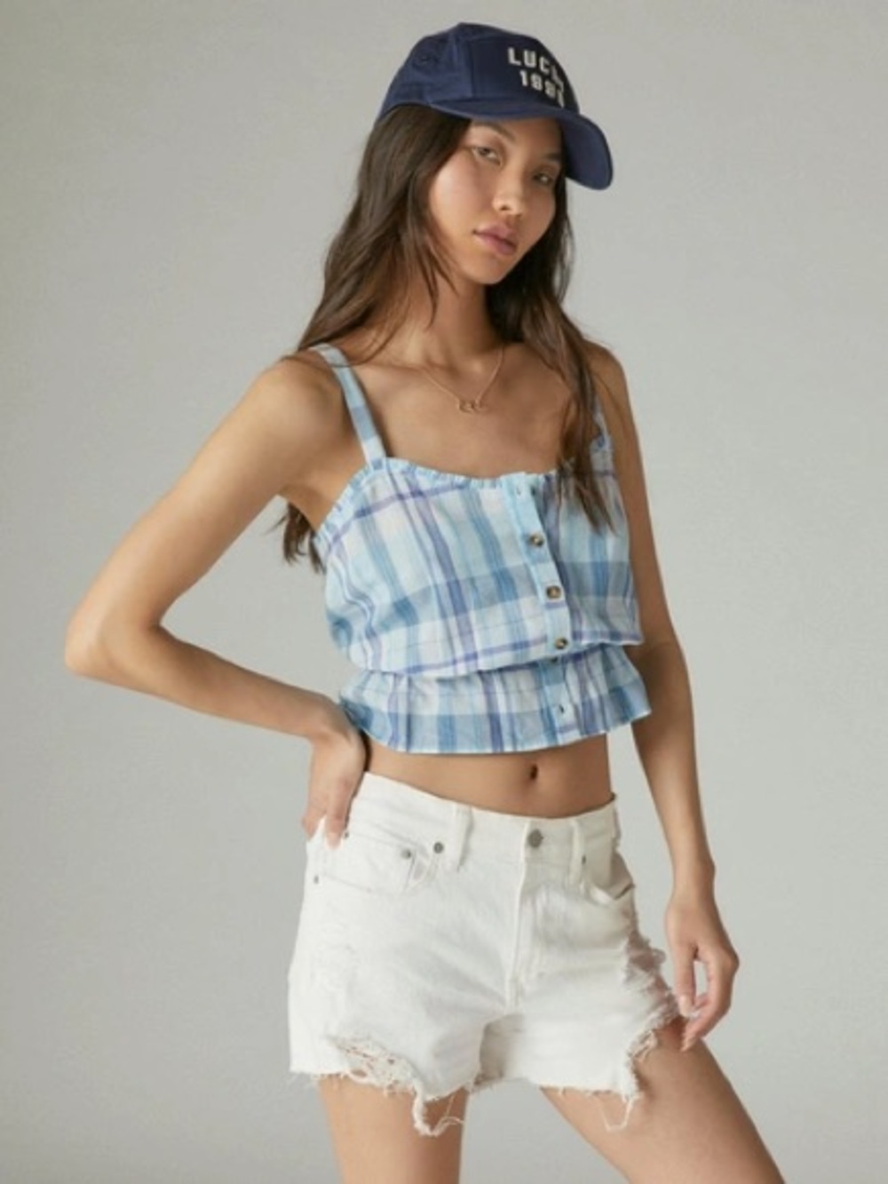 Lucky Brand | Blue Plaid Front Button Down Peplum Ruffled Tank | XS | NWT